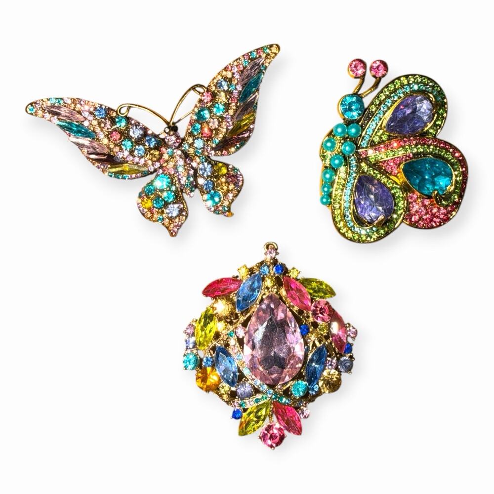 Lot of 3 Vintage Style Rhinestone Butterfly Brooches & Crystal Pendant Rainbow